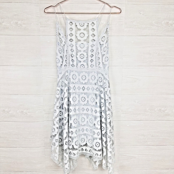 Free People Lace Dress Size 8 Just Like Honey Ice Blue Asymmetric Coquette Fairy - Picture 2 of 16